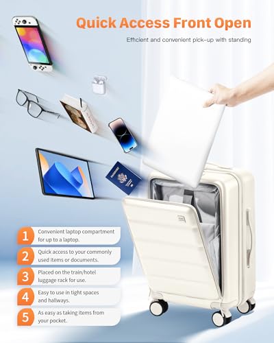 24 Inch Expandable Luggage Check In - Front Pocket Hardside Travel Suitcase Unbreakable -with Cup Holder,USB Charge,Side Pothook, 360°Spinner Wheels, TSA Lock, White4