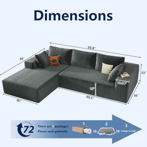 Image of 96 inch Modular Sectional Sofa, Modern Corduroy Cloud Couch with Deep Seat, Boneless Couch Upholstered 3-Seater L-Shaped Sofa for Living Room, No Assembly Required (Dark Grey, Left-Facing Chaise)