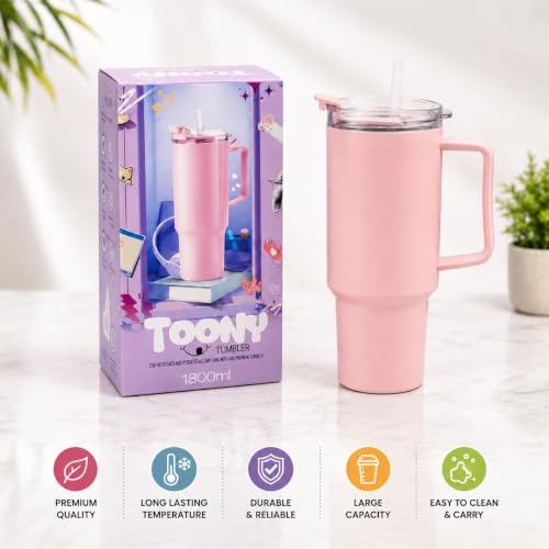 Image of 1800ML Large Plastic Tumbler with Handle & Straw | BPA-Free Reusable Water Bottle with Flip Lid | Leakproof Travel Mug for Gym, Office, College, Car, Outdoor & Daily Hydration Needs. (Pink)