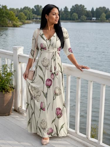Image of SUZONANA Plus Size Dresses for Women Floral Print Maxi Dress Flowy 3 /4 Sleeve with Belt