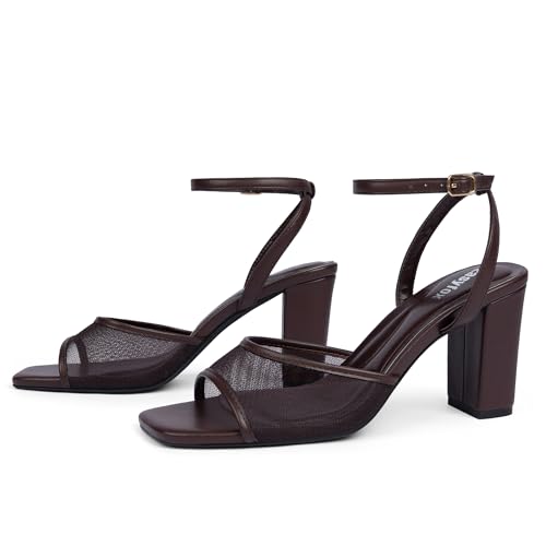 Image of Easyfox Open Toe Chunky Heel Sandals for Women Ankle Strap 3 Inch High Heels Dress Wedding Block Shoes
