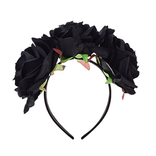 DreamLily Day of The Dead Headband Costume Rose Flower Crown Halloween Headpiece BC40 (Big 3 Black Flower)