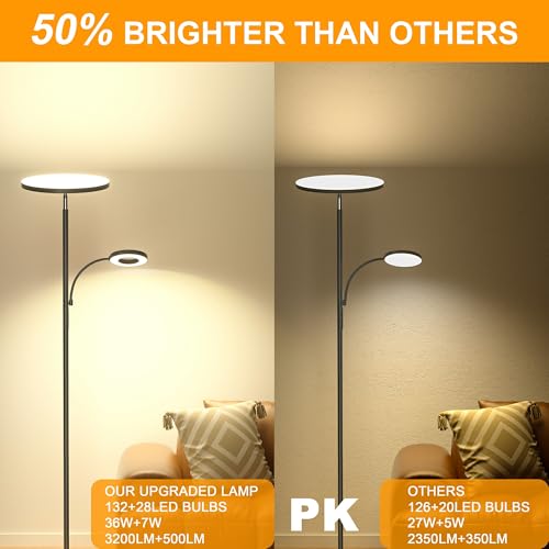 Image of marctronic Silver Gray Floor Lamp, 42W 4000LM Super Bright LED Lamp with Reading Light for Living Room Bedroom Office, Dimmable Standing Lamp with Remote & Touch Control