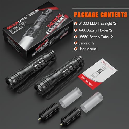 GEARLITE LED Taschenlampe Extrem Hell 2 Stück, Aluminium 4000 Lumen LED Taschenlampe Batteriebetrieben mit 5 Modi, IP65 Wasserdichte Handlampe Zoombar für Camping, Wandern, Outdoor, Notfall, Geschenk