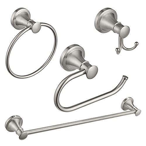 BESy Brushed Nickel 4 Piece Bathroom Accessories Set (Single Towel Bar, Towel Ring, Toilet Paper Holder, Double Towel Hooks), Wall Mounted Bath Hardware Accessory Fixtures Rack Set