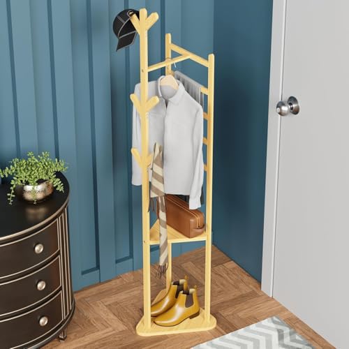 Image of Lukzer Triangular Coat Rack | Multifunctional Bamboo Wooden Coat & Garment Stand with 2 Shelves | Aesthetic Floor Corner Hanger | 6 Hooks for Hanging Coats, Jackets, Hats & Shoes (39x39x166 cm) CH-035