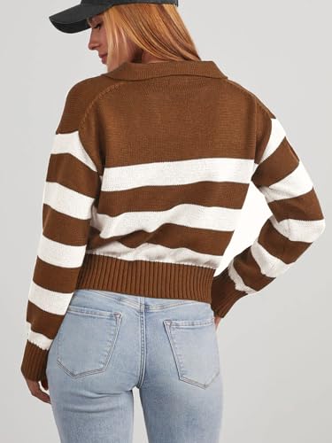 Mutitop Womens Striped Collared Sweater V Neck Long Sleeve Oversize Ribbed Knit Pullover Casual Fall Chunky Sweater2