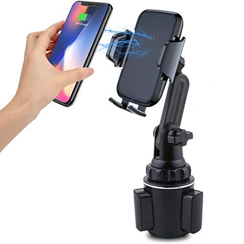 Car Wireless Charger Phone Mount, Universal Cup Holder Phone Mount Qi Charger Fast Wireless Charging Car Cup Phone Holder for iPhone, Samsung, Moto, Huawei, Nokia, LG, Smart-Phones 