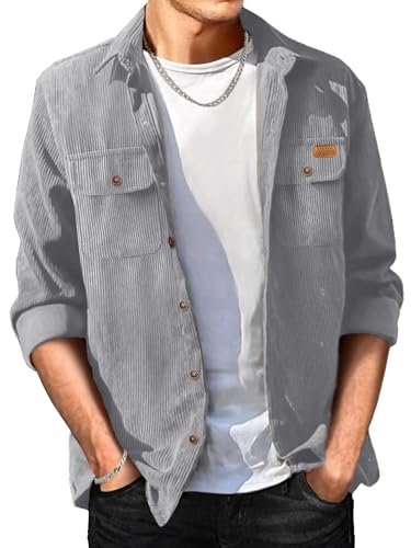 Image of Comdecevis Men's Flannel Button Down Jacket Long Sleeve Lightweight Cotton Work Shirts Jackets with Flap Pockets Gray Large