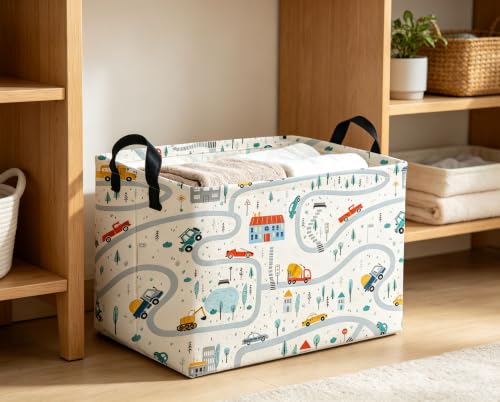 Image of Rectangle Kids Baskets Car Basket Boys Storage Bin Fish Box for Room Decor Gift Basket(Road car)