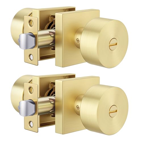 Goldenwarm Brushed Gold Privacy Door Knobs Interior, Zinc Alloy Brushed Gold Door Knob, Modern Keyless Bedroom Bathroom Door Knobs, Adjustable & Reversible - 2 Pack