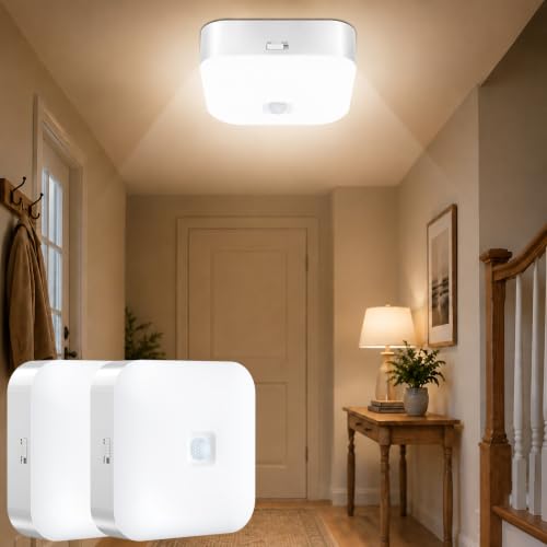 Image of Yunaking 2 Pack Rechargeable Ceiling Light with Motion Sensor: Battery Operated LED Closet Light with Remote & Timing - Wireless Dimmable Magnetic Mount Shower Lamp for Bathroom /Stairs /Garage /Hallway