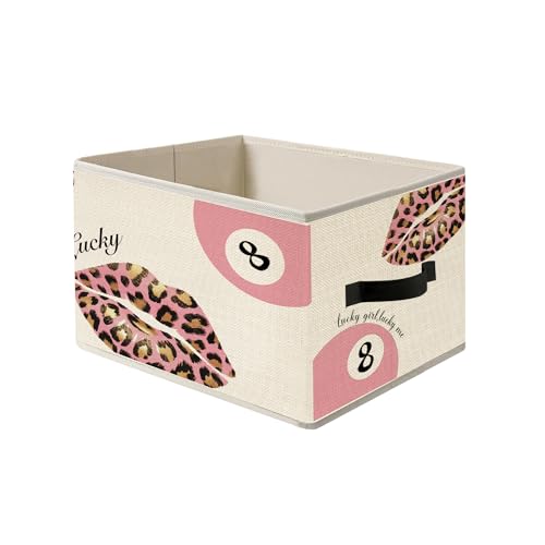 Evcprz Trendy Pink Leopard Print Lucky 8 Ball Lip Leopard Storage Bin Box with Handles, Y2 Preppy Cheetah Print Foldable Clothes Toys Books Storage Basket Organizer Toybox for Girls Room Dorm