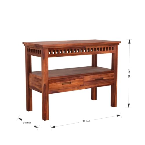 Image of Sheesham Wood Console Table for Living Room | Solid Wood Entryway Hallway Sofa & Fish Tank Table with 2 Drawers & Shelf Storage | Rosewood Honey Finish