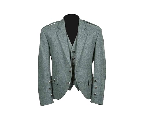 Scottish Handmade Lovat Green Tweed Braemar/Argyle Kilt Jacket with 5 Button Vest | Wool Argyll Jacket