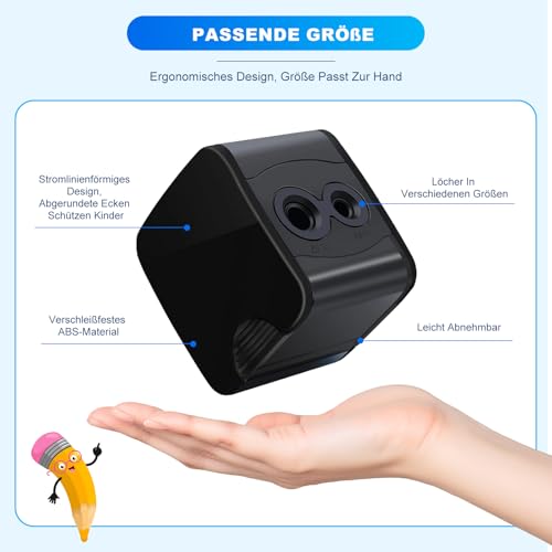 Electric Pencil Sharpener, Bleistiftspitzer Elektrisch Kinder mit 6 Klingen, Doppelloch Automatischer Anspitzer für 6-12mm, USB Tragbar Bleistift Spitzer für Schule Büro