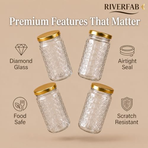 Image of Glass Jar with Air Tight Metal Lid I Kitchen Storage Jars for Spices, Coffee, Sugar & Dry Fruits I Grocery Storage Container I Kitchen Pantry Organiser Jar (DIAMOND GLASS JAR - 370 ml - PACK OF 4)
