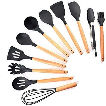 Miniatura 4 de Utensilios de cocina de silicona  Herramientas de cocina resistentes al calor, cucharas con mango de madera, juego de utensilios de cocina con