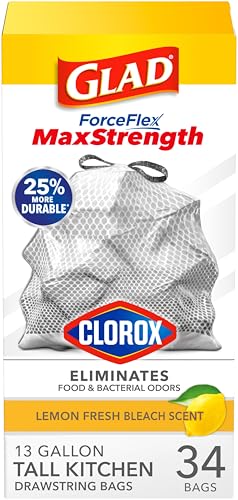 Glad ForceFlex MaxStrength with Clorox Tall Kitchen Trash Bags 13 Gal 34 Ct (Package May Vary)