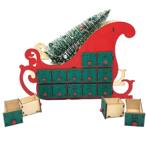 Calendrier de l'Avent en bois luge rouge avec 24 tiroirs pour deco Noël