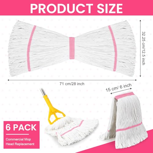 Image of Eccliy 6 Pack Commercial Mop Heads Replacement Heavy Duty 18 oz Loop End Cotton String Wet Mop Refills Washable Absorbent Reusable for Industrial Home Tile Wood Concrete Floor (White,Pink)
