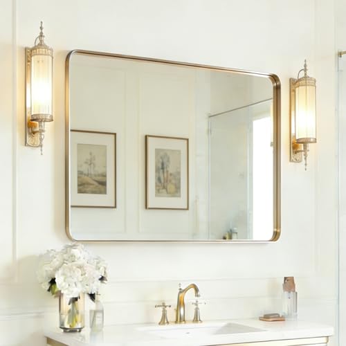 Image of USHOWER Gold Bathroom Mirror 30 inchx40 inch, Brushed Gold Rectangle Mirror for Over Sink, Aluminum Frame, Anti-Rust, Tempered Glass, Horizontal or Vertical Mounted, Champagne Gold (Neutral Gold)