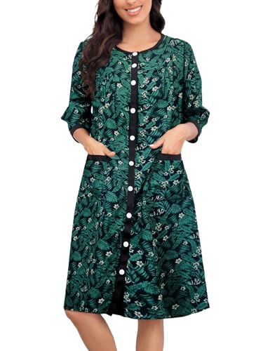 Image of Bloggerlove House Dress Women Cotton Snap Front Nightgown 3 /4 Sleeve Housecoat Duster Robe with Pockets Moomoo Patio Dress