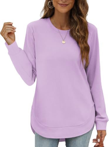 Image of OFEEFAN Womens Sweatshirt Crewneck Long Sleeve Shirts High Low Tops Curved Hem