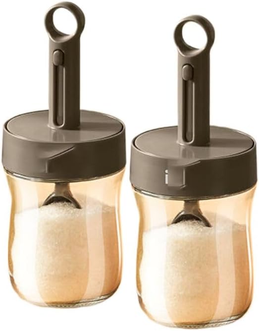 伸缩调料罐/with Condiment pot/勺盖一体盐罐玻璃调味罐家用厨房用于油壶盐味精调味盒—【深空灰两件套】封口伸缩用于调味罐