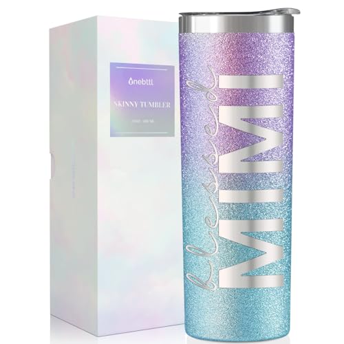 Image of Onebttl Christian Grandma Gifts for Mother's Day, 20oz Purple & Blue Glitter Skinny Tumbler, Straw & Lid Included, Mimi Gifts - Blessed Mimi