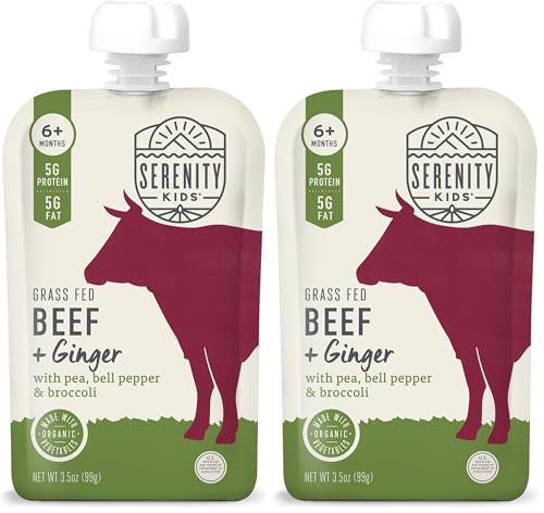 Image of Serenity Kids 6+ Months Baby Food Pouches Puree Made With Ethically Sourced Meats & Organic Veggies | 3.5 Ounce BPA-Free Pouch | Grass Fed Beef & Ginger, Pea, Bell Pepper, Broccoli | 1 Count