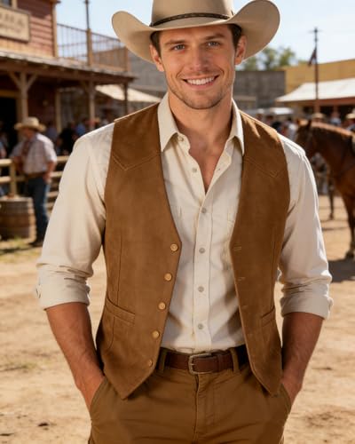 Image of Bakerbear Retro Casual Men's Cowboy Vest Western Suede Leather Waistcoat | vintage classic, v-neck, welt pockets, exquisite button, comfortable,bussiness work, wedding dress vests, prom christmas