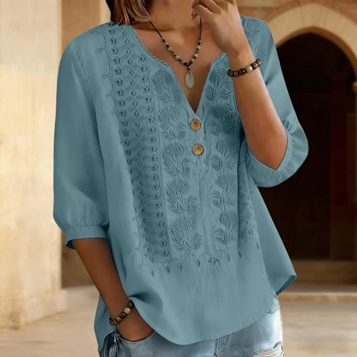 Linen Tops for Women Embroidered Cotton Gauze Shirts Loose Peasant Blouses Dusty Blue L - image 2