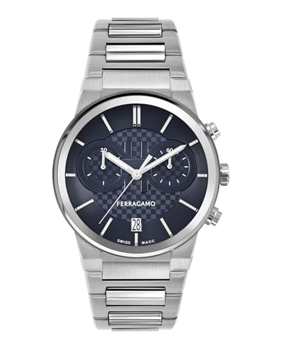 Ferragamo Ferragamo Sapphire Chrono Collection Luxury Mens Watch Timepieces with a Silver Bracelet Featuring a Stainless Steel Case and a Blue Dial