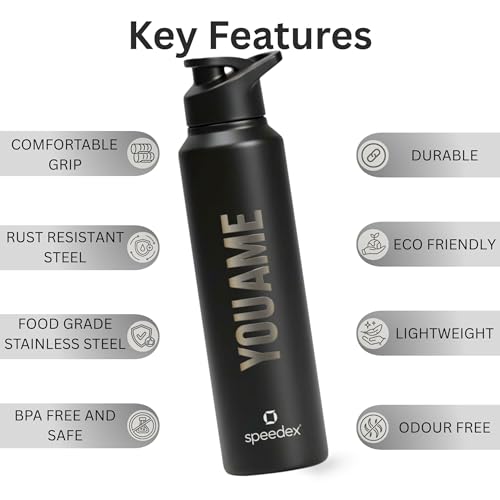 Image of Speedex Engraved Name Stainless Steel Sipper Water Bottle 1 Ltr - Customised Personalised Bottle for Kids & Adults, School, Gym, Sports, Black, Set of 1 (Black, Set Of 1)