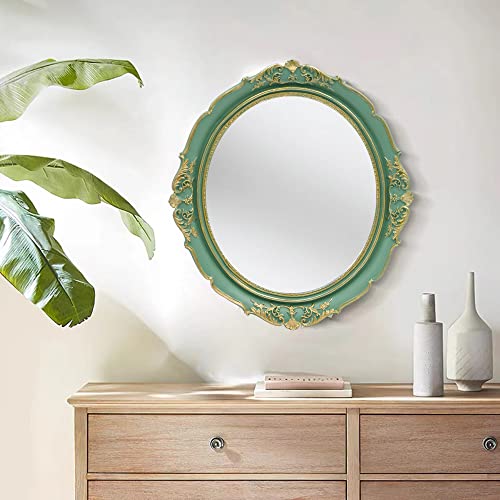 Funerom 12.8 X 14.3 Inch Vintage Decorative Wall Mirror, Hanging Mirrors For Bedroom Living-Room Dresser Decor, Oval Green #TOP1