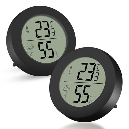 Thlevel Hygrometer Thermometer Digital LCD Temperature Humidity Meter Monitor for Greenhouse Home Office Warehouse 2 PCS (4.5cm, Black, 2)