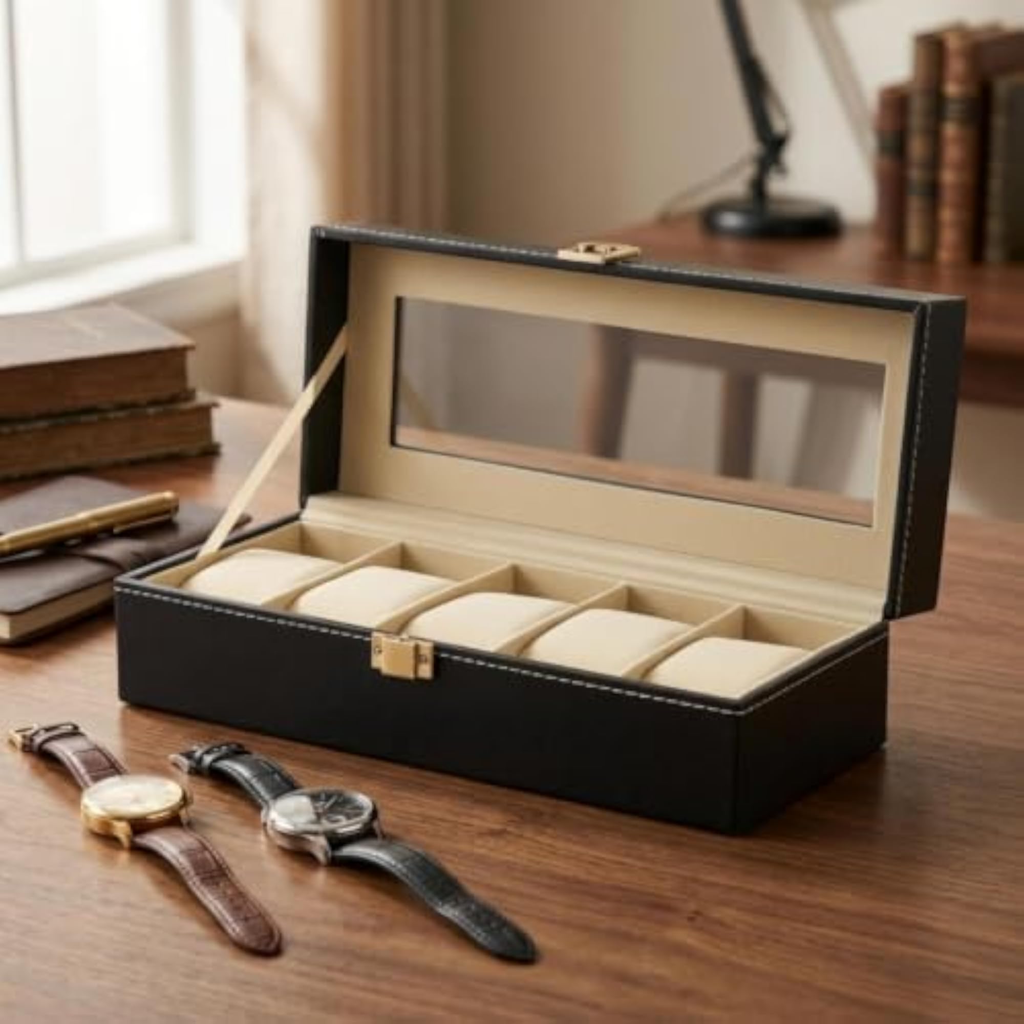 Leather Watch Box with Window, 5 Slots for Collectors