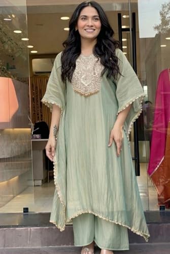 Image of GoSriKi Fendy Glass Embroidered A-Line Kurta with Palazzo for Women | Fendy Glass Grey | Kaftan Sleeve | Round Neck | Ethnic Wear Casual Wear