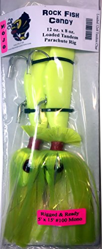 Blue Water Candy Rock Fish Candy 12 Oz & 8 Oz Mojo Lure Loaded With 9-Inch Swimbait Shad Bodies Tandem Parachute Rigged & Ready (Chartreuse) #TOP2