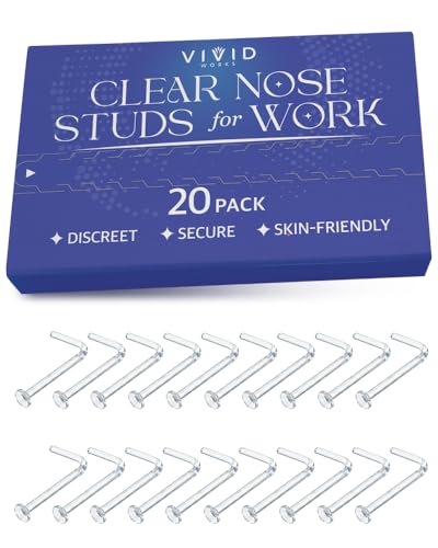Vivid Works Clear Nose Studs for Work 20 Pack 18 Gauge - Clear Nose Rings 1mm | Invisible Flat Stud Plastic Piercing Retainer Cover for Surgery - Piercing Jewelry for Women and Men