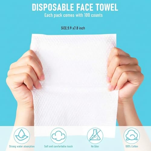 Image of Riakrum 6 Pack Disposable Towelettes Face Towel Bulk Cotton Face Tissues Soft Facial Tissue Dry Wet Use for Sensitive Skin Care Makeup Removing Surface Cleaning (600 Counts)