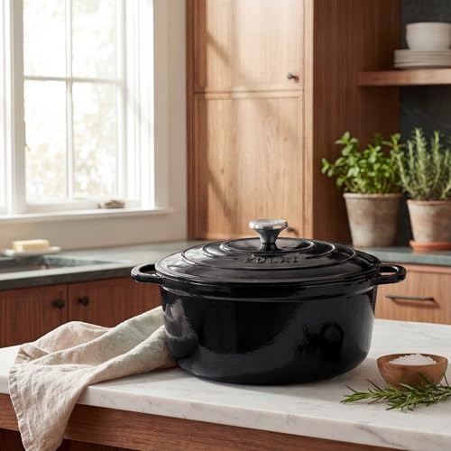 Zulay Kitchen 6 Quart Enameled Cast Iron Dutch Oven Pot with Lid – Premium Durability & Oven Safe up to 500°F – Heavy Duty Cookware Perfect for Bread Baking, Stews, Braising & Roasting – Black