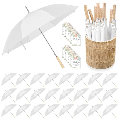 Cosblank 24 Pcs Wedding Umbrellas Bulk, 41 Inch Wedding Stick Umbrellas with Wooden Handle Large Canopy Windproof Rain for Bride Groom Bridal Shower Party Decor(White)
