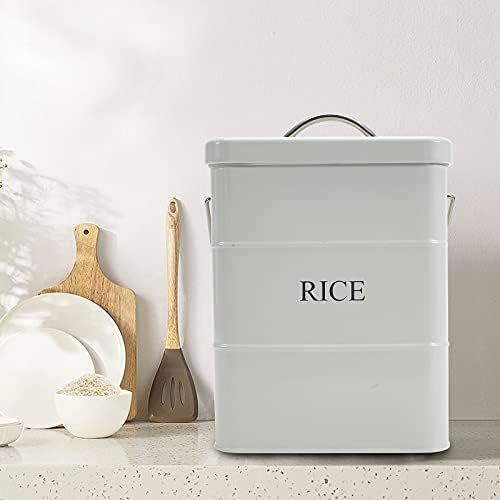 Xbopetda Metal Rice Storage Box, Square Rice Container with Lid and Handle, Sealed Food Storage Bin for Kitchen, Countertop Organizer Jar for Rice Flour Soybean Grain Cereal-White