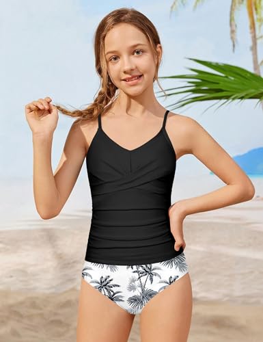 Image of Girls Swimsuit 2 Piece Bathing Suit Criss Cross Ruched Girl Tankini Sets Printed Girls' Swimwear for 9-18 Years