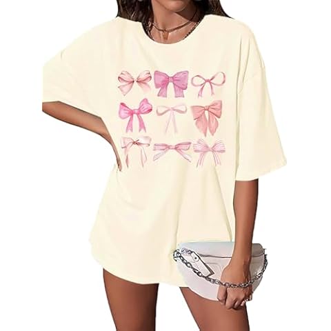 Bows Shirt Women Oversized Coquette Aesthetic Shirts Trendy Pink Bow Girly Tee Cute Graphic Tshirt Tops M Apricot Cover