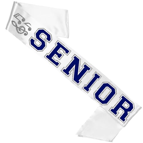 Senior Sash Marching Band - Navy Blue with Silver Sparkle Outline Music Note Senior White Premium Grade Satin Sash - Unisex High School Orchestra and Choir Gifts - White Sash (Band) NVY w/SLV