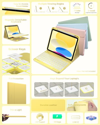 Image of typecase Folio Keyboard Case for iPad 10th Gen 10.9 inch (2022) and iPad 11th (A16, 2025), Magnetic Wireless Detachable Keyboard, 7-Color Backlight, Thin & Light, Pencil Holder - Yellow