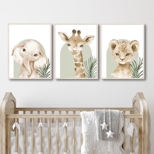 BeiYiHo 3 Affiche Animaux Savane Bebe Poster Jungle Chambre Enfant Lion Girafe Elephant Tableau Deco Enfant Garcon 30X40CM Toile Decoration Murale Chambre...
